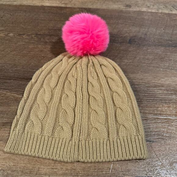 Beige Cable Knit Beanie Hat with Hot Pink Pom Pom Barbie Core Preppy Warm Cozy - Picture 2 of 5